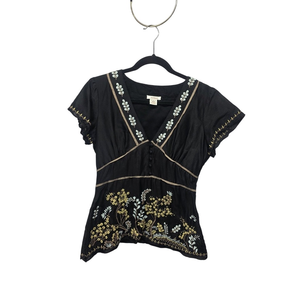 Sundance Womens Black Cotton Silk Embroidered Floral V-Neck Blouse Top Size 4